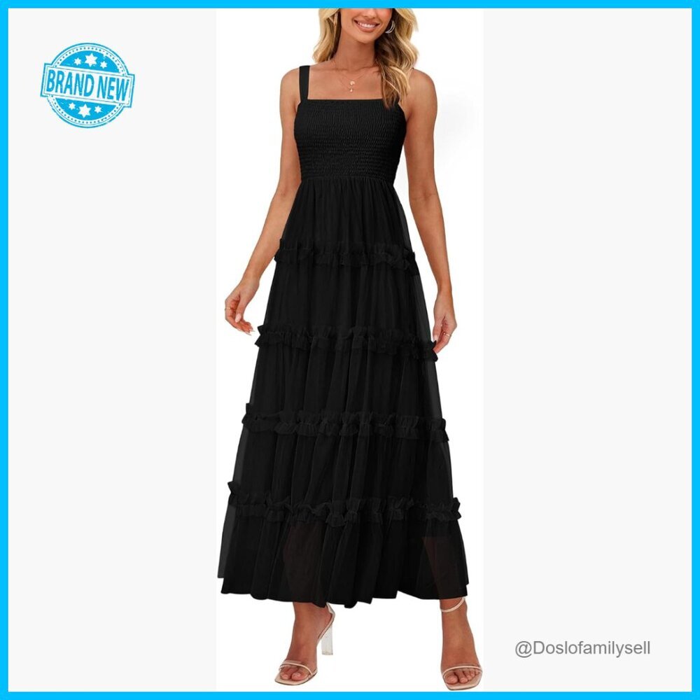 Sleeveless Smocked Tiered Ruffle Tulle A-Line Maxi Dress Elegant Boho Wedding - Picture 1 of 7